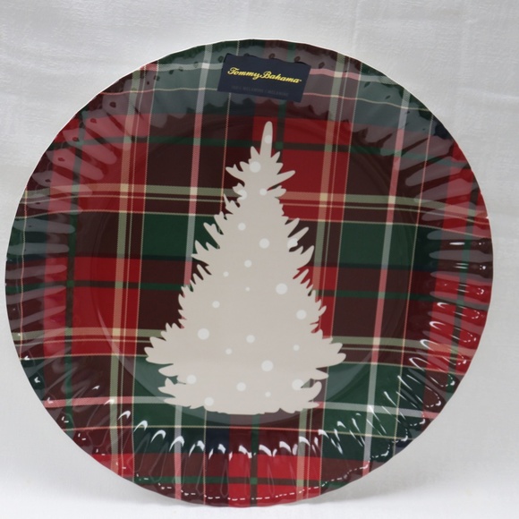 TOMMY BAHAMA CHRISTMAS TREE HOLIDAY PLAID ROUND MELAMINE LARGE PLATTER - NEW
